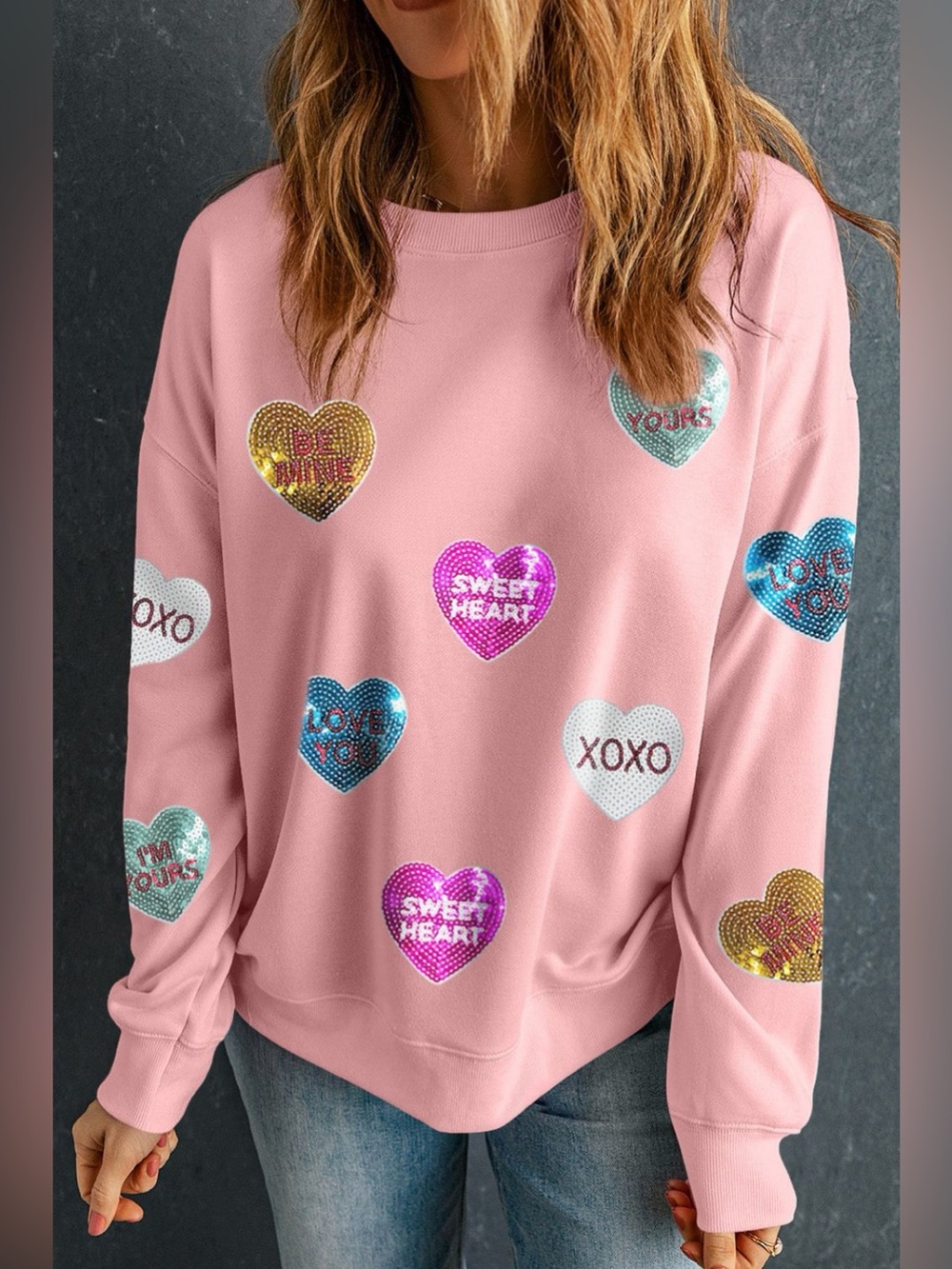 Valentine’s Day Sequin Heart Round Neck Long Sleeve Sweatshirt - Picture 2 of 5